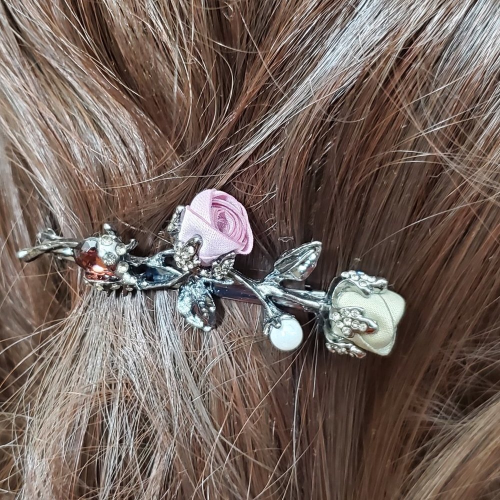Mauve & Olive Silk Petite Roses Barrette with Pearl an Garnet Crystal